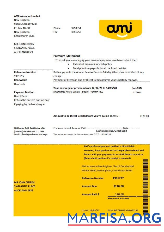 Printable New Zealand Ami Insurance Limited bank statement excel sample